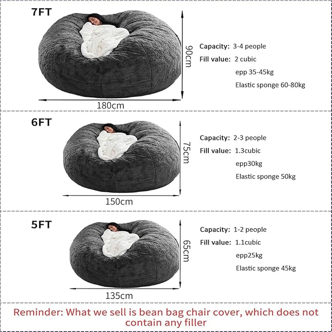 Bean Bag Chair for Adults Kids Without Filler Comfy Giant Round Lazy Sofa Chair Cover Floor Chair Cover for Bedroom Living Room, 7FT, Light Blue