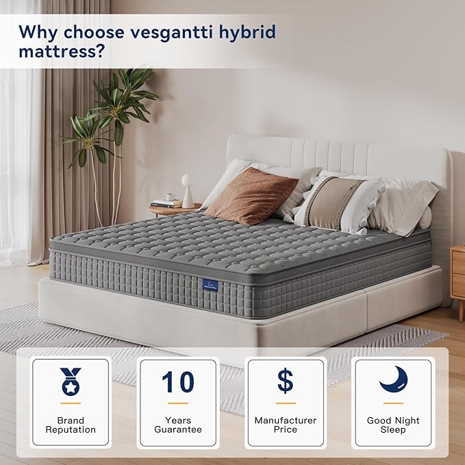 Vesgantti 10 Inch Multilayer Hybrid Twin Mattress - Multiple Sizes & Styles Available, Ergonomic Design with Memory Foam and Pocket Spring, Medium Firm Feel, Grey