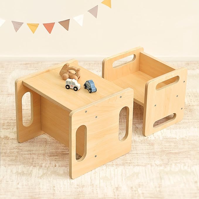 OOOK Montessori Weaning Table and Chair Set, Kids Activity Table and Chair Set with Fence for Read, Play Toys, Snack Time, Step Stool, 1-3 Year Old Kids Montessori Furniture