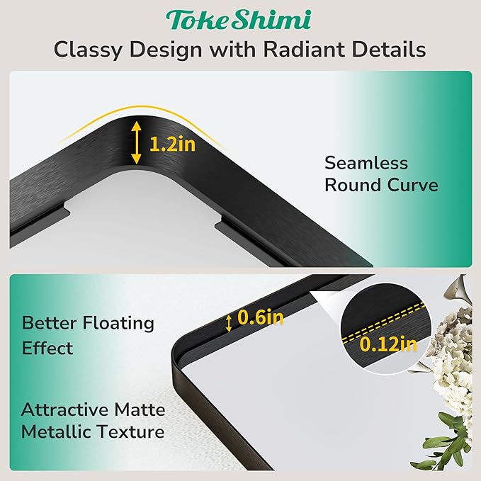 TokeShimi 60x28 Wall Mirror for Bathroom,Matte Black Bathroom Vanity Mirror,Tempered Glass,Large Rectangle Mirror,Rustproof Framed Bathroom Mirror(Horizontal/Vertical)