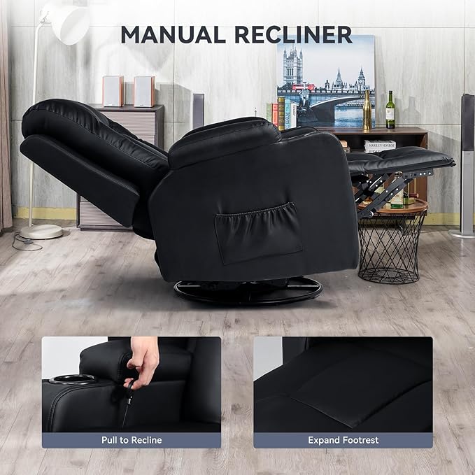 COMHOMA Living Room Furniture Set,Bonded Leather Loveseat Sofa with Cup Holder Recliner Chair,3+2,Black