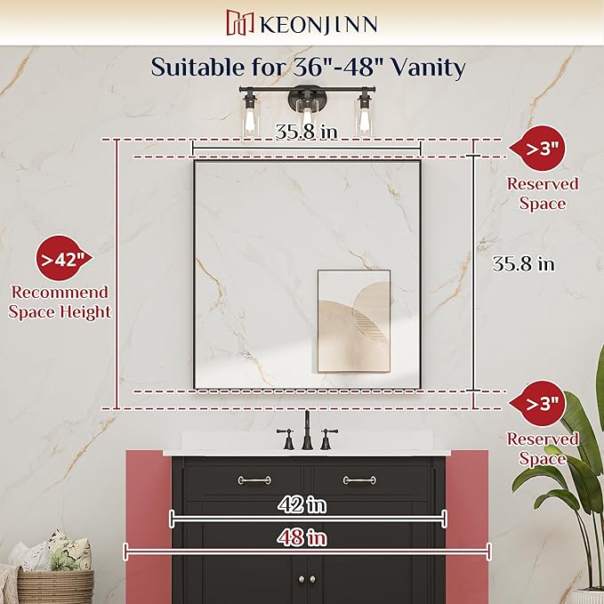Keonjinn 36 x 36 Inch Black Bathroom Mirror for Over Sink, Matte Black Square Metal Framed Wall Mirror, Modern Farmhouse Rectangle Mirrors with Aluminum Alloy Frame(Horizontal/Vertical)