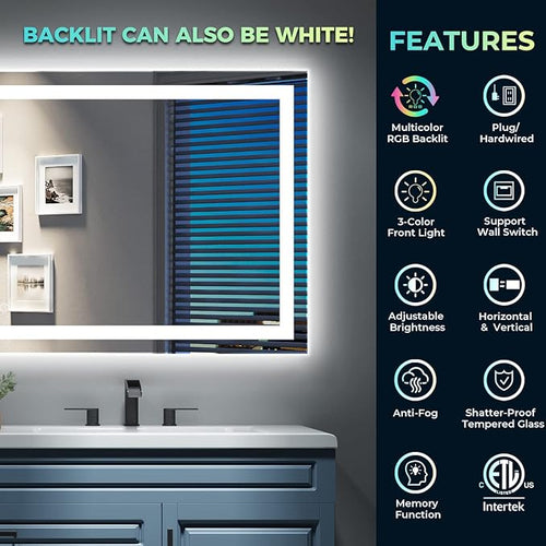 24x36 Inch RGB LED Bathroom Mirror Front Light and RGB Backlit Lighted Vanity Mirror for Bathroom Wall Mounted Dimmable Anti Fog Memory Shatter-Proof IP54 Waterproof Horizontal/Vertical