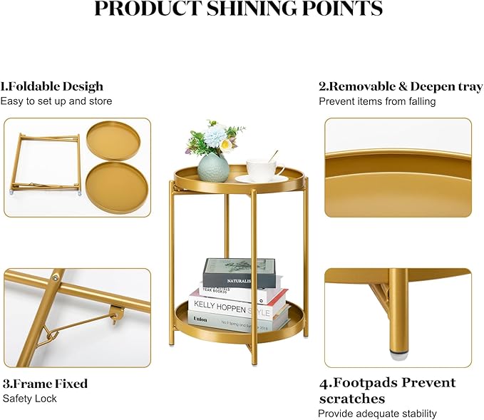 danpinera 2-Tier End Table, Outdoor Side Table, Metal Round Desk with Removable Tray, Small Folding Accent Desk, Anti-Rust Nightstand for Bedroom Balcony Patio Living Room, Set of 2 (Gold)