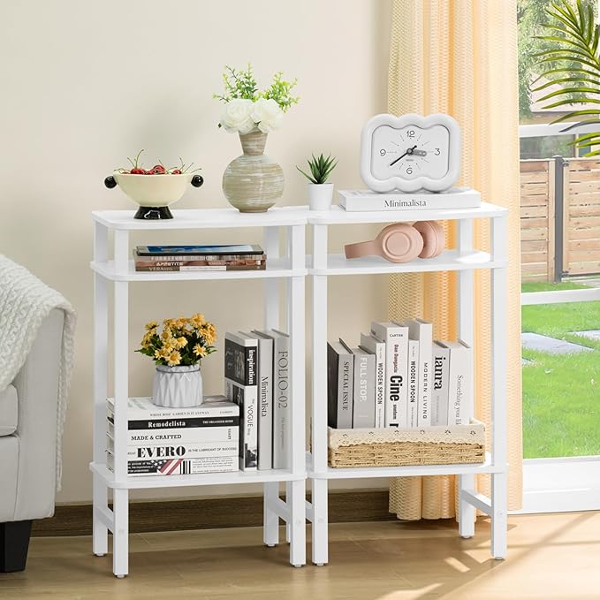 28in Tall Side Table Set of 2, 3-Tier Small Narrow End Table for Couch, Skinny Nightstand for Small Space, Farmhouse Slim Night Stand with Storage, Wooden Frame Thin Bedside Table, White