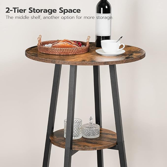 HOOBRO 3 Pieces Round Bar Height Table and Chairs Set, Round Dining Table Set, Pub Table and Chairs for Small Space, 2 Tier Kitchen Table and Bar Stools with Back, Rustic Brown BF35BT01