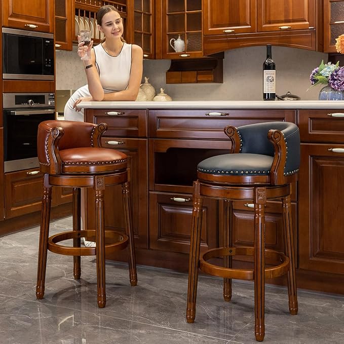 Cow top Leather Wooden Bar Stools, 29.5" Bar Height Bar Chair with Back, 180 Degrees Swivel Barstools Chair for Home Kitchen Counter,Dining Room, Restaurant,Study and Pub,1pc (Brown)