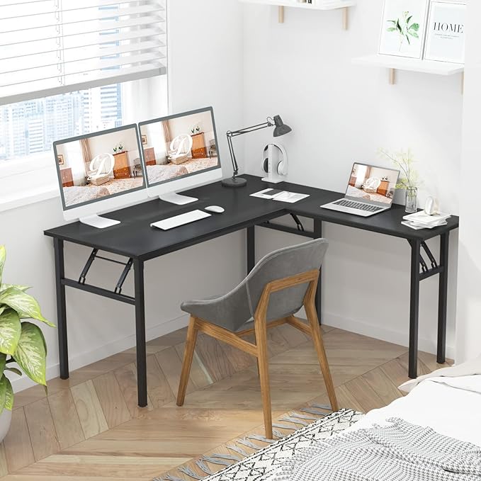 DlandHome Reversible L-Shaped Desk Large Corner Desk Folding Table Computer Desk Home Office Table Computer Workstation, Brown Black, ND11