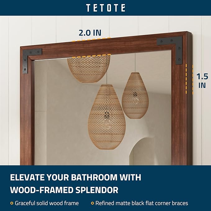 TETOTE 22 x 30 Walnut Wood Mirror for Bathroom Wall/Bedroom/Living Room/Entryway Farmhouse Rustic Bathroom Vanity Mirror for Wall Waterproof (Horizontal/Vertical Mounted)