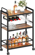 Home Bar Serving Cart, Serving Cart with Wheels and Handle, 3 Tier Rolling Kitchen Cart, Microwave Cart, Beverage Cart with Wine Holder and Glass Holders, for Dinning Room, Living Room, Kitchen