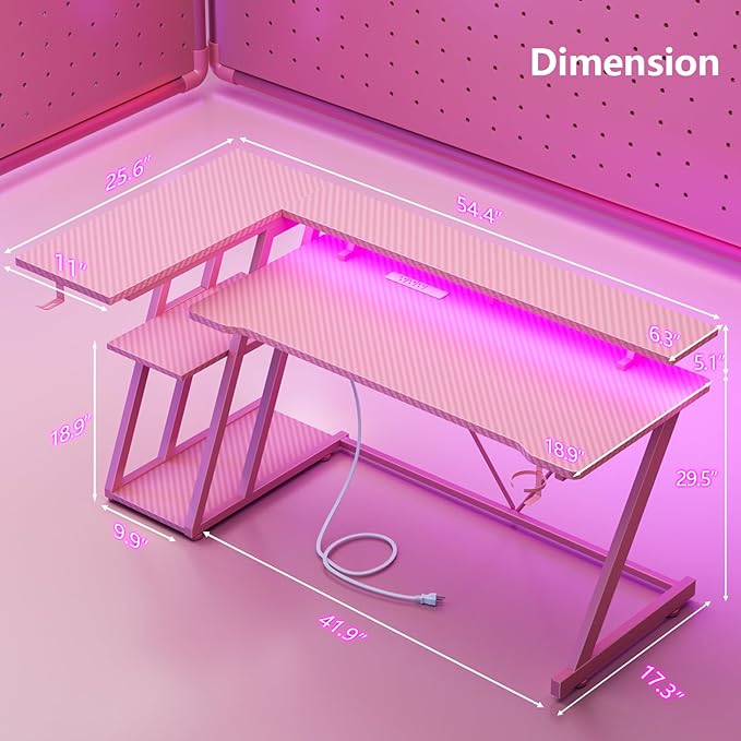 55 Inch Pink Gaming Desk with Power Outlet & LED Lights, Corner Computer Desk with 3 Tiers Storage Shelves, L Shaped Gaming Desk with Monitor Stand for Bedroom