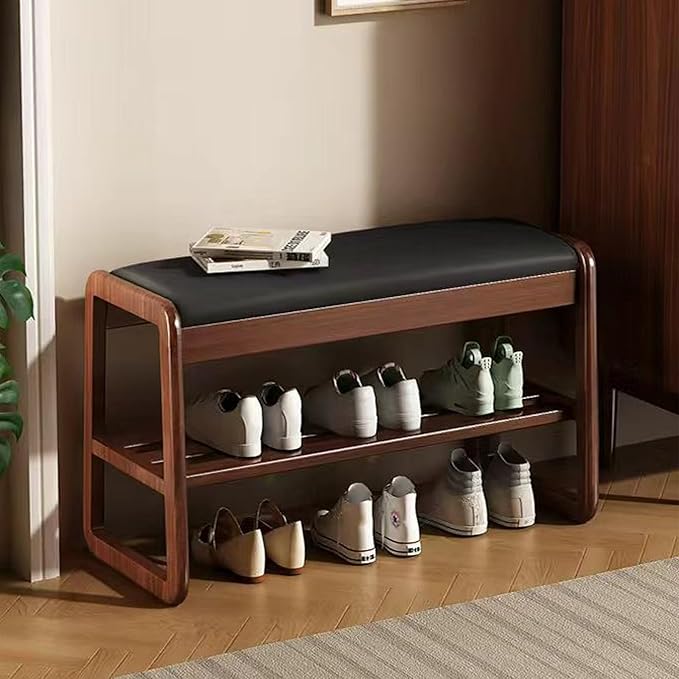 Wooden Shoe Storage Bench with Padded Top Cushion, Two-Tier Wooden Shoe Rack, Suitable for Bedrooms and Living Rooms, Black Walnut(31.5'')
