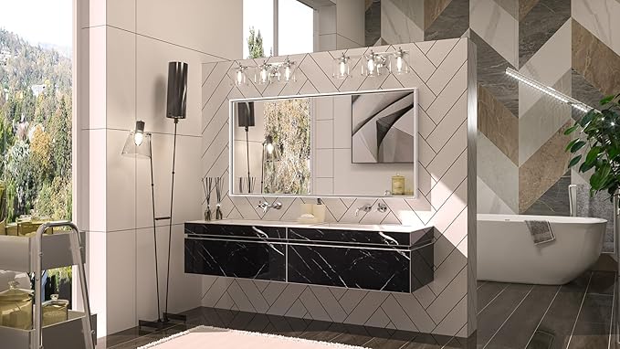 Keonjinn 48 x 24 in Brushed Silver Bathroom Vanity Mirror Rectangular Metal Framed Mirror for Wall Modern Farmhouse Rectangle Mirror Decorative Silver Mirror for Bathroom Sink(Horizontal/Vertical)