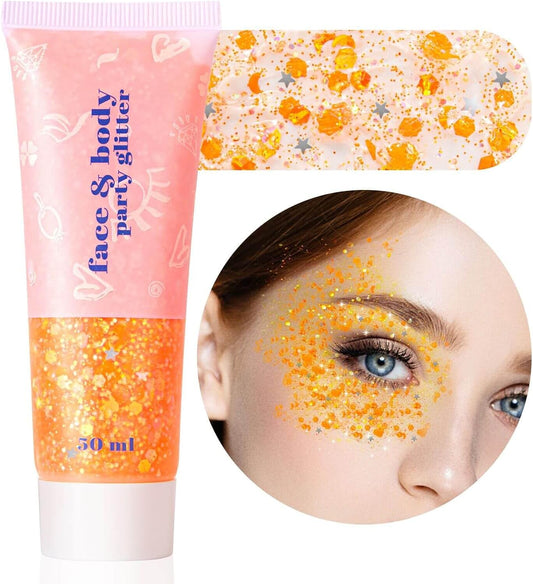 MEICOLY Orange Face Body Glitter,Sparkling Face Glitter Gel,Mermaid Sequins Face Paint Glitter Autumn Makeup,Eye Hair Chunky Festival Rave Accessories Makeup,Party Body Glitter Gel for Women Kids,50ml