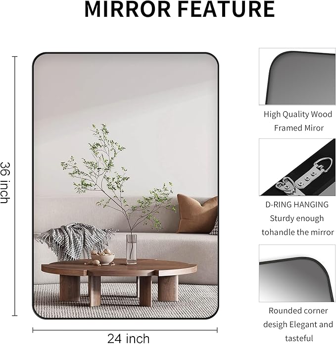 Black Bathroom Mirror,Rectangle 24 x 36 Inch Vanity Wall Mirror,Modern Mirror for Wall,Rectangular Mirror for Bedroom Living Room Entryway