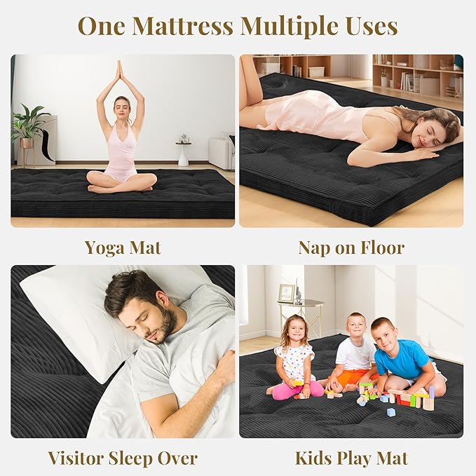 Japanese Floor Mattress, 4" Thicken Futon Mattress Twin Size Sleeping Pad, Corduroy Foldable Mattress Pad Roll Up Tatami Mat Floor Mattress for Adults（Black）