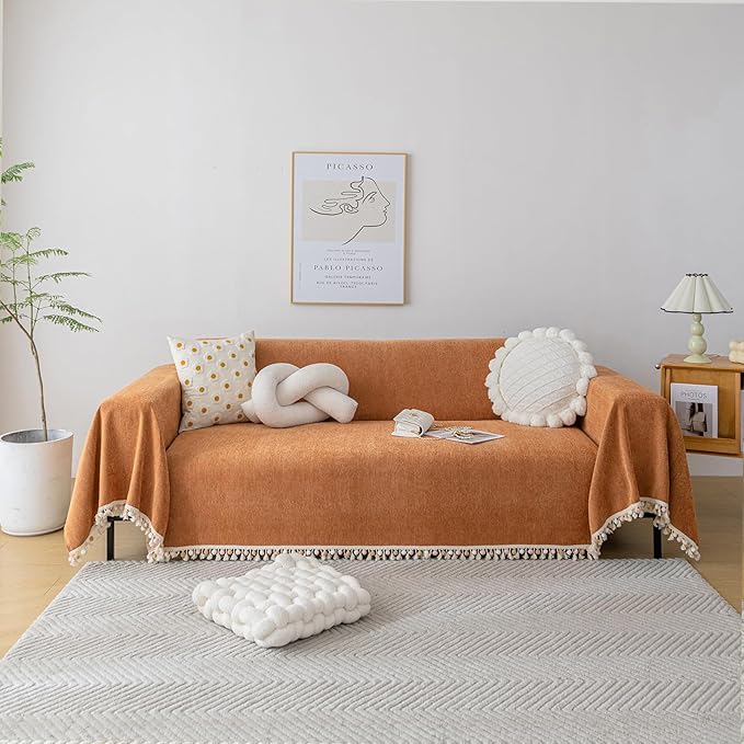 HANDONTIME Dark Orange Sofa Covers - Colorful Tassel Couch Cover for Dogs & Vintage Boho Couch, 91" X134"