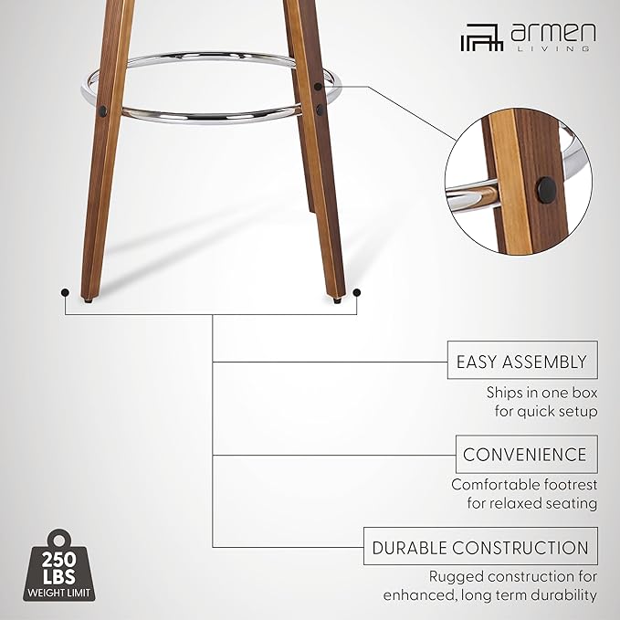 Armen Living Sonia 26" Counter Height Swivel Cream Faux Leather and Walnut Wood Bar Stool
