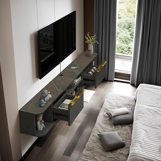 Pmnianhua Floating TV Stand with 2 Drawers,63'' Wall Mounted Floating TV Shelf,Floating Shelf for Under TV,Floating TV Unit with Storage for Bedroom Living Room(Grey)