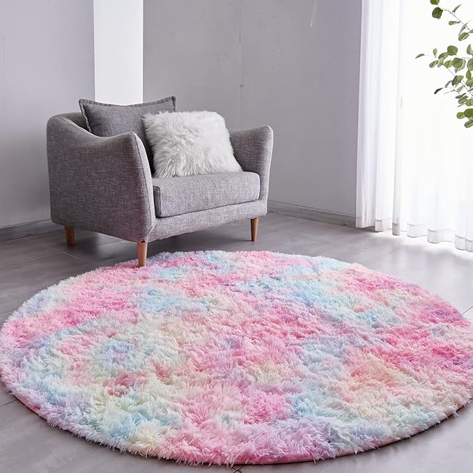 FJZFING Rainbow Round Rug Ultra-Soft Plush Modern 6x6 Circle Area Rug for Kid's Bedroom, Fluffy Shag Circular Rug for Nursery Room, Non-Slip Home Decor Colorful Carpet for Teen's Room