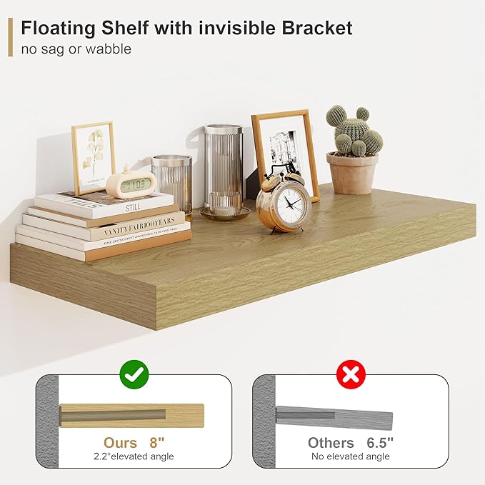 Heimlove Bathroom 12'' Deep Floating Shelves for Wall - Shelf Over Toilet Wall Mounted Farmhouse 24 inches,Rustic Wood Wall Shelves Decor & Storage Set of 1 Oak