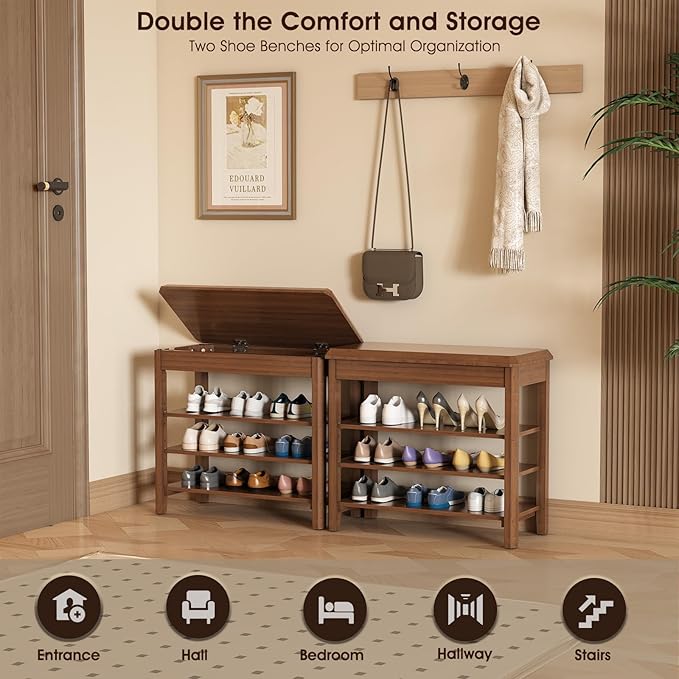 Shoe Rack Bench Seat Rubberwood 3-Tier Wooden Storage Bench 550lbs Compact Mid-Century Modern Design for Entryway, Hallway, Closet, Front Door Entrance, Foyer