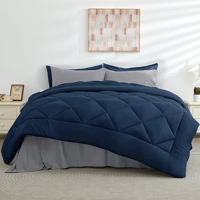 HEVUMYI King Comforter Set - 7-Piece All Season Bed in a Bag King, Ultra Soft Bedding Set with Comforter, Flat Sheet, Fitted Sheet, Pillowcases, Pillow Shams, Navy Blue & Light Grey