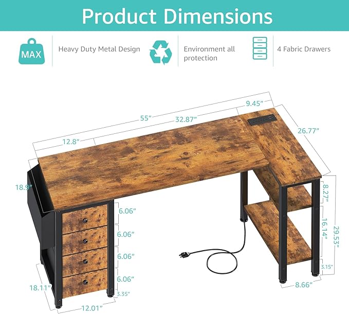 Lufeiya L Shaped Computer Desk with Drawers & Storage Shelves, 55 Inch Corner Desk with Power Outlet for Home Office Bedroom, L-Shaped Teen PC Gaming Desks with Fabric Drawer, Rustic Brown