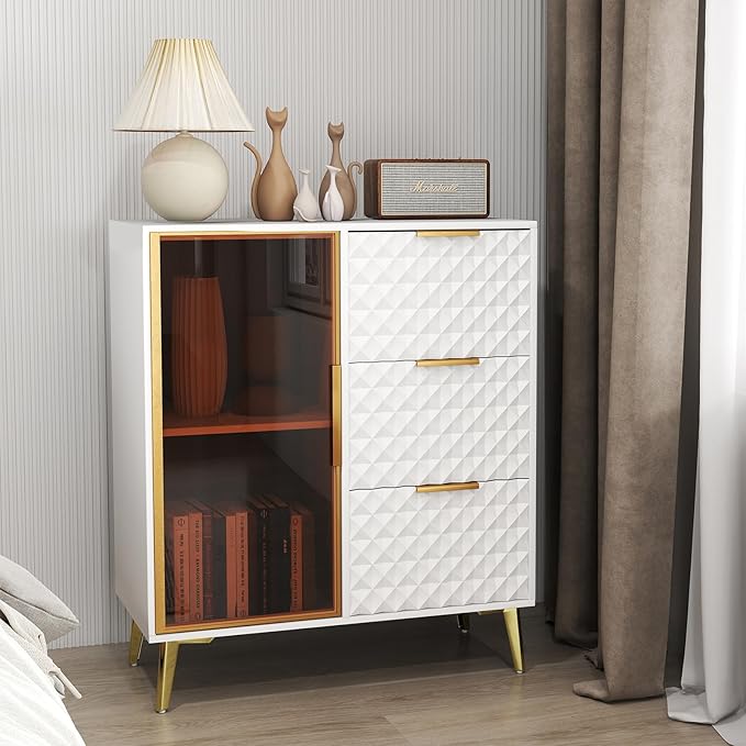 Rovibek Modern Sideboard Cabinet with Storage, Small Kitchen Buffet Cabinet with Glass Door & 3 Drawers, 31" Accent Sideboard Buffet for Kitchen, Living Room, White