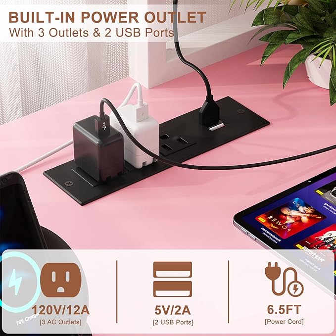 Aheaplus L Shaped Gaming Desk with Power Outlets & LED Lights, Small L- Shaped Desk Computer Corner Desk with Monitor Stand & Storage Shelf, Home Office Desk Writing Desk with Storage Bag, Pink