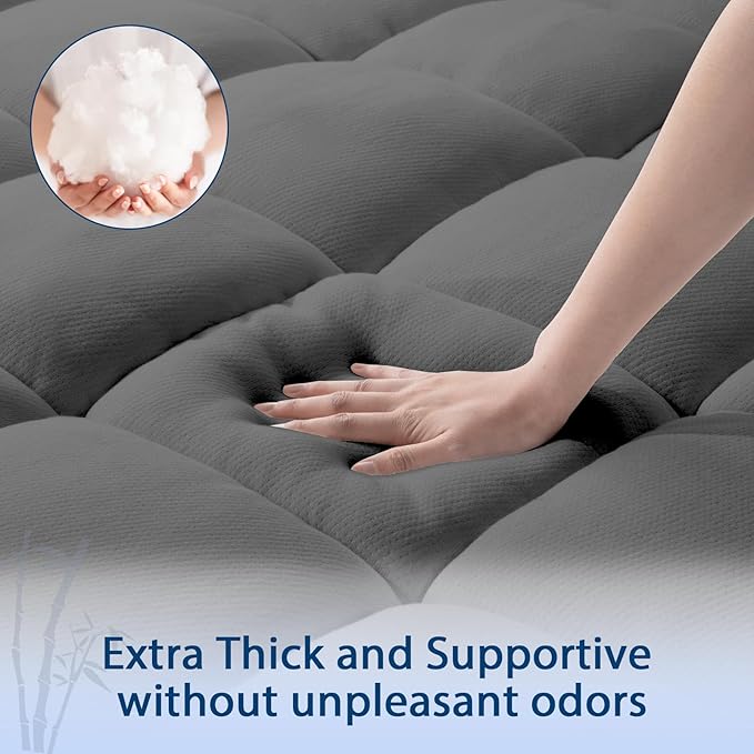 ELEMUSE King Grey Cooling Bamboo Viscose Mattress Topper for Back Pain, Extra Thick Mattress Pad Cover, Plush Soft Pillowtop with Elastic Deep Pocket, Overfilled Down Alternative Filling