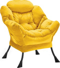 Lazy Chair Thick Padded, Comfy Velvet Accent Lounge Chair with Stable Frame, Leisure Sofa Armchair with Armrests and Side Pocket, Reading Chair for Bedroom, Living Room, Office, Yellow