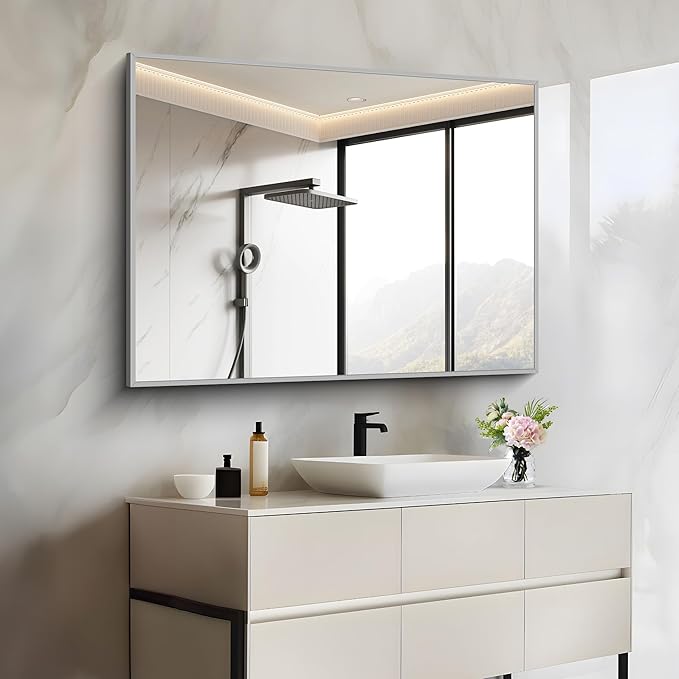 30x40In Silver Bathroom Mirror for Wall, Brushed Nickel Rectangle Mirrors with Metal Frame, Bathroom Rectangular Mirror Modern Wall Mirror for Bedroom Living Room, Hangs Horizontal or Vertical