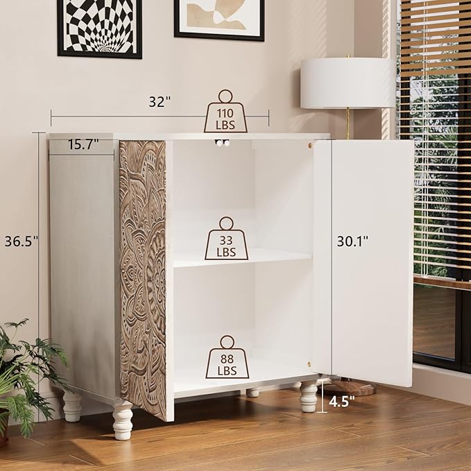 COSIEST 32" W Sideboard Buffet Cabinet with Storage, Accent Cabinet with 2 Push-to-Open Magnetic Doors, Vintage MDF Buffet Table for Living Room, Kitchen, Hallway (Gray,Lotus Pattern)
