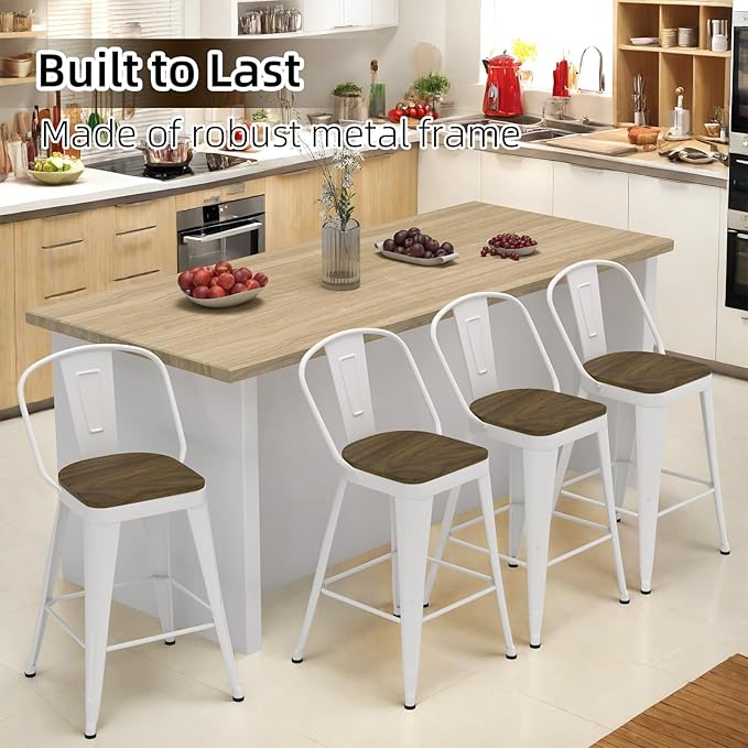 Metal Bar Stools Set of 4, High Back Bar Stools with Wooden Seat, 26 inch White Barstools for Kitchen Island