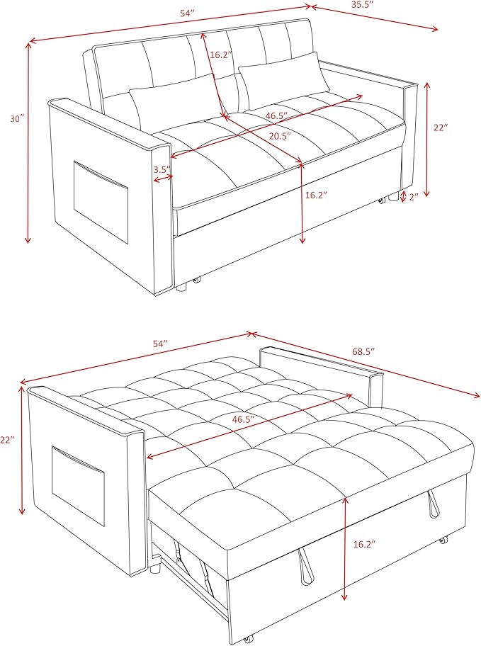 3 in1 Sofa Bed, Pull-Out Sleeper Sofa Bed with 3-Level Adjustable Backrest, Velvet Fabric Convertible Love Seat Sleepers Beds for Living Room & Bedroom & Apartment, Gray