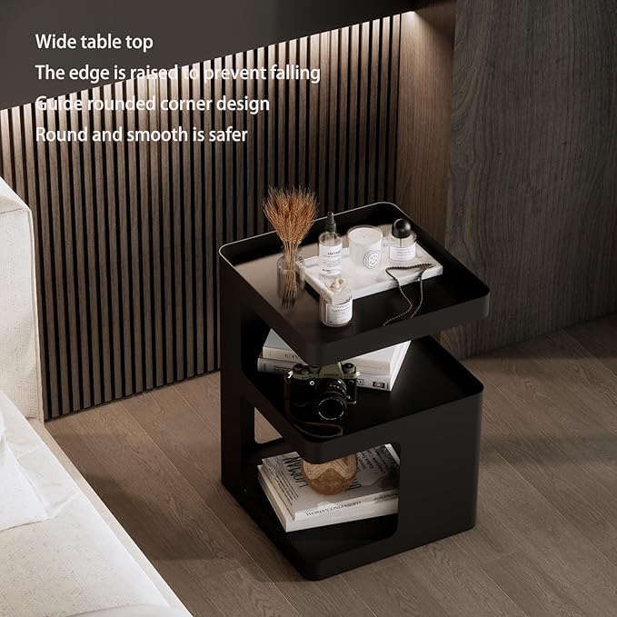 Modern Side Table,Small end Tables for Small Spaces,Black Metal nightstand,Bedside Tables,Accent Table with Storage for Couch, Bedroom,Living Room.No Assembly Required
