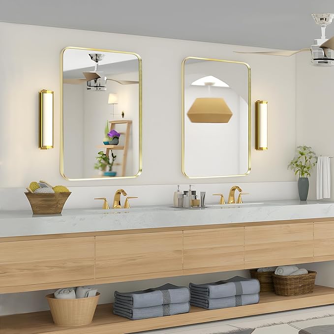 Wall Mount Mirror for Bathroom, Brushed Gold Metal Framed Rounded Corner Rectangular Vanity Mirror (20" x 30", Gold)