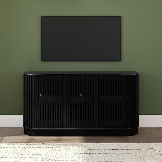 Plank+Beam Contour Wood TV Stand, Three Door Solid Wood Entertainment Console with Storage, 59" L x 16" W x 30" H, Black