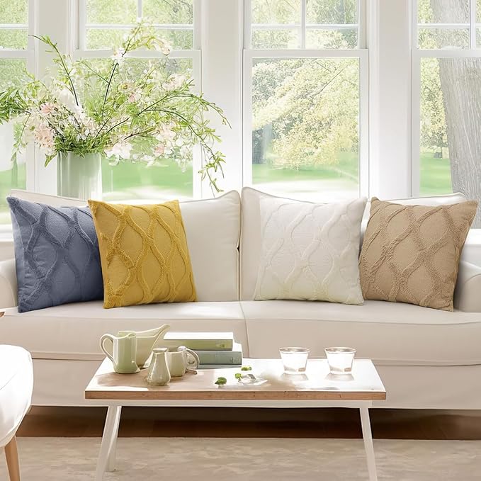 decorUhome Fall Throw Pillow Covers 24x24 Inch Set of 2, Soft Plush Faux Fur Wool Mustard Yellow Couch Pillow Covers, Decorative Neutral Pillow Cases for Bed Sofa Living Room Home Decor