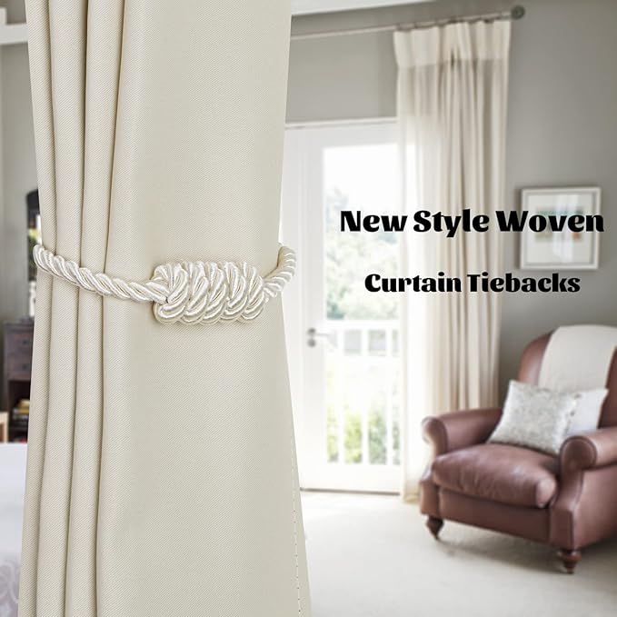 BEL AVENIR Magnetic Curtain Tiebacks, Decorative Drapery Holdbacks Modern Woven Tie-Backs with Exquisite Knot (Beige, 6 Pack)
