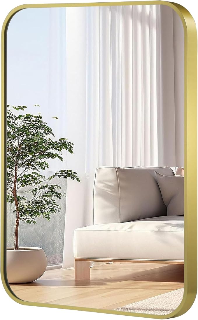 26x38 Inch Gold Mirror, Framed Rectangle Mirror with Rounded Corner, Brushed Brass Mirror, Gold Bathroom Mirror for Over Sink, Vanity, Living Room, Bedroom, Horizontal/Vertical