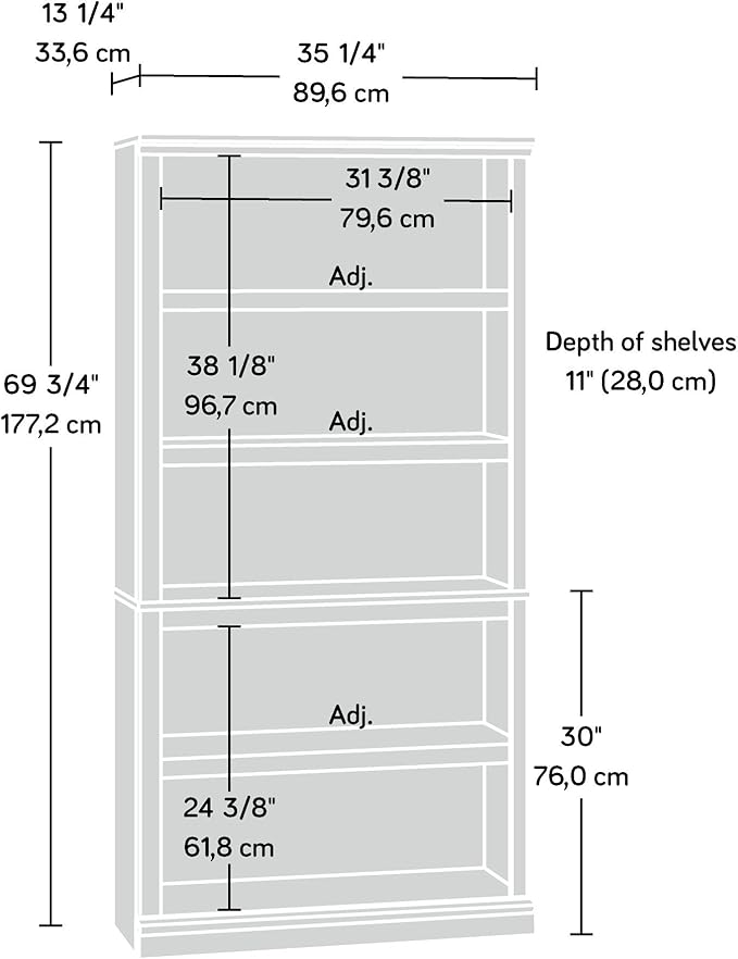 Sauder 5-Shelf Bookcase/ Book shelf, L: 35.28" x W: 13.23" x H: 69.76", Cinnamon Cherry finish