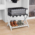 Fully Assembled White Bamboo Luggage Rack, 5 Straps Folding Suitcase Stand with Shoe Shelf, Heavy Duty Wood Large Luggage Holders for Guest Room, Bedroom, Hotel