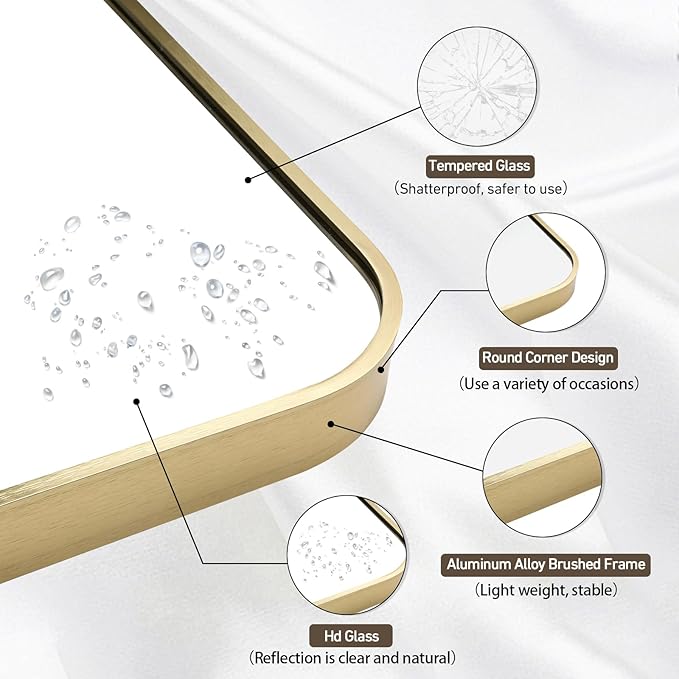 Gold Bathroom Mirror, 24x36 Inch Brushed Gold Mirror, Aluminum Alloy Framed Vanity Mirror, Rounded Rectangle Mirror for Over Sink, Anti-Rust Wall Mirror (Horizontally or Vertically)