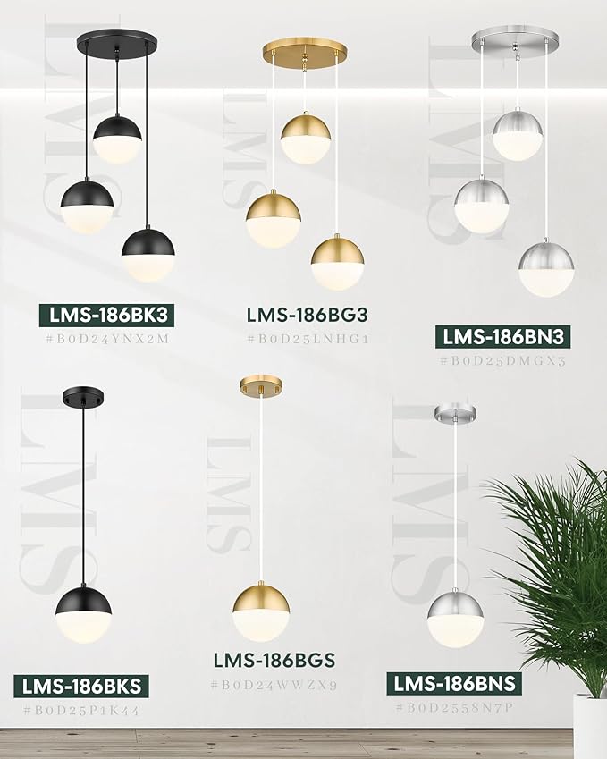 LMS 6-inch Brushed Nickel Pendant Light, Mid Century Kitchen Island Pendant Light Fixtures with White Globe Glass, Adjustable Hanging Light for Dining Room Bedroom Bathroom, LMS-186BNS