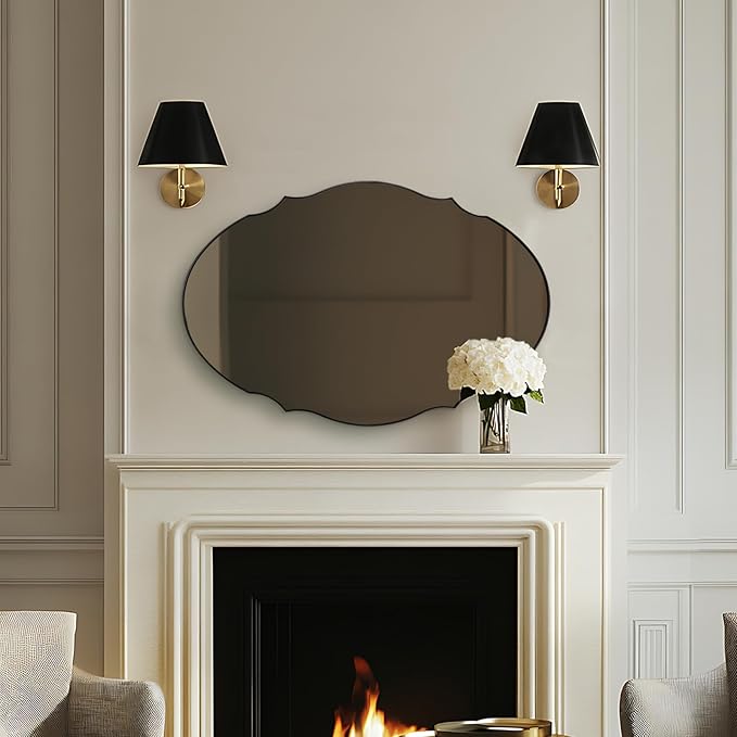 ANDY STAR Scalloped Oval Mirror for Bathroom, 24x36 Inch Matte Black Wall Vanity Mirror for Living Room,Fireplace, Rustproof Stainless Steel Metal Frame, Hang Vertical or Horizontal