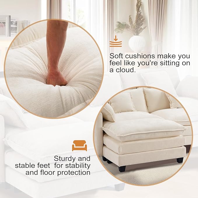 Furniliving Oversized Accent Chair with Ottoman, Luxury Chenille Single Sofa, Upholstered Deep Seat Chaise Lounge with Pillows for Living Room, Bedroom, Apartment, Beige