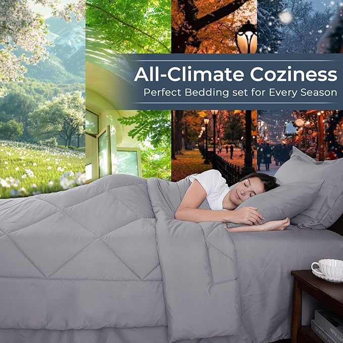 HEVUMYI Light Grey Twin Comforter Set - 5-Piece All Season Bed in a Bag Twin, Ultra Soft Bedding Set with Comforter, Flat Sheet, Fitted Sheet, Pillowcases, Pillow Shams, Light Gray