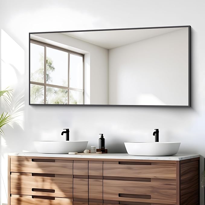 BONEWEI Bathroom Mirror,24x48 inch Wall Mirror for Bathroom Wall Mounted Black Rectangle Square Corner Mirrors, Black Bathroom Mirror for Living Room, Farmhouse, Bedroom Entryway, Horizontal/Vertical